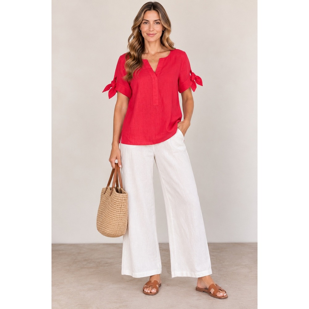 Charter Club Luxury Linen Blouse Pink Red Tie Sleeve Split Neck Minimalist  M